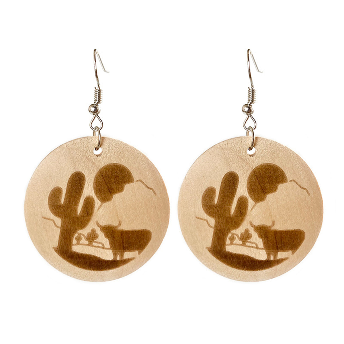 Wood & Silver-Plated Sunset Cactus Cattle Round Drop Earrings