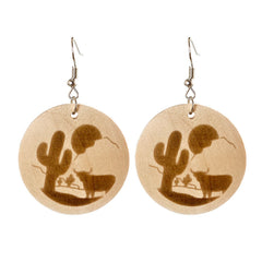 Wood & Silver-Plated Sunset Cactus Cattle Round Drop Earrings