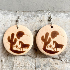 Wood & Silver-Plated Sunset Cactus Horse Round Drop Earrings