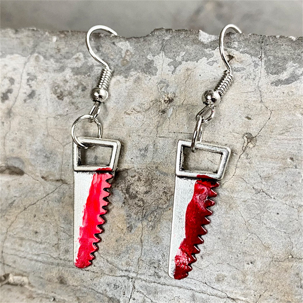 Red Enamel & Silver-Plated Saw Drop Earring