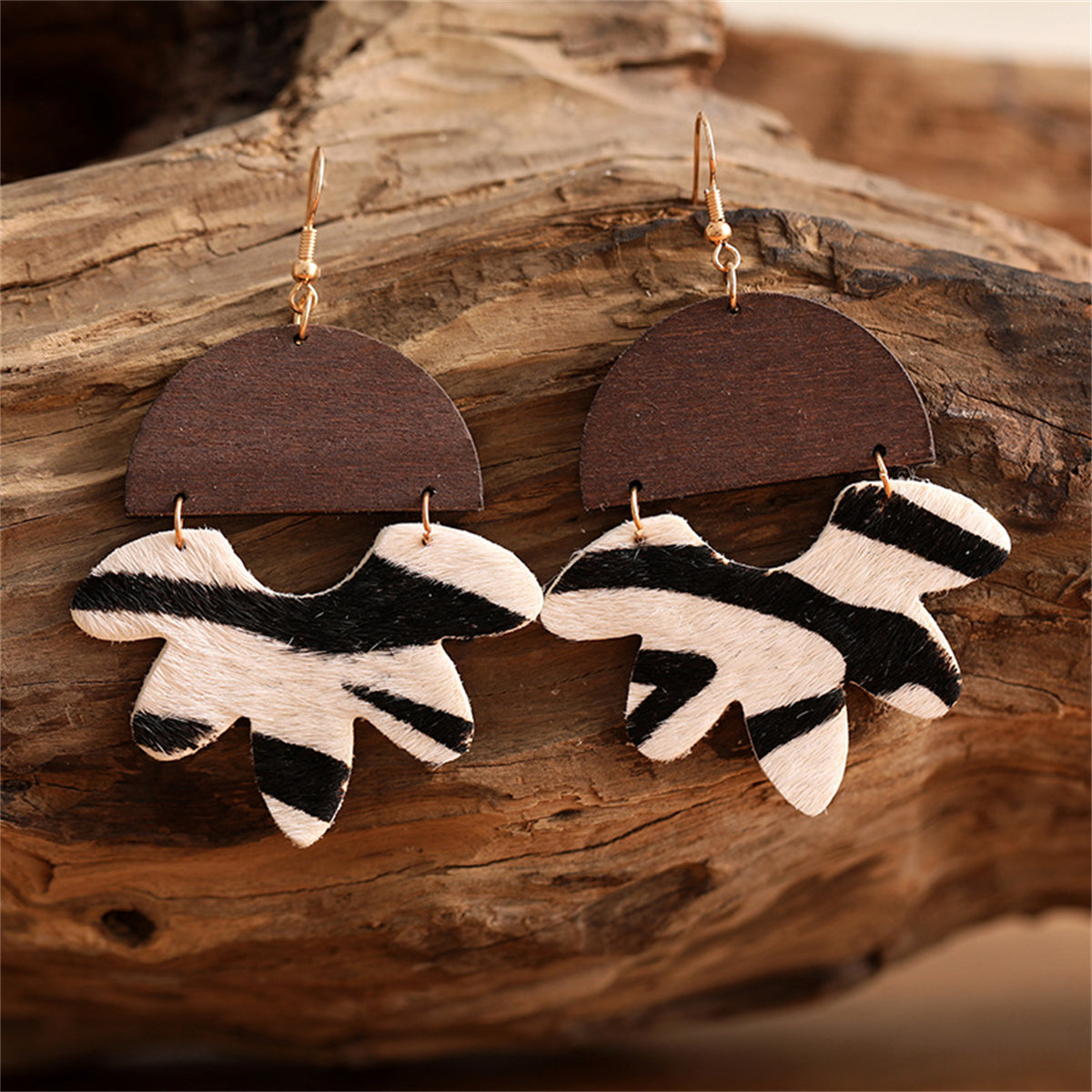 Brown & White Zebra Floral Drop Earrings