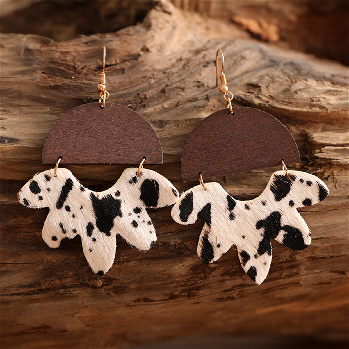 White & Wood 18K Gold-Plated Cow-Print Flower Drop Earrings