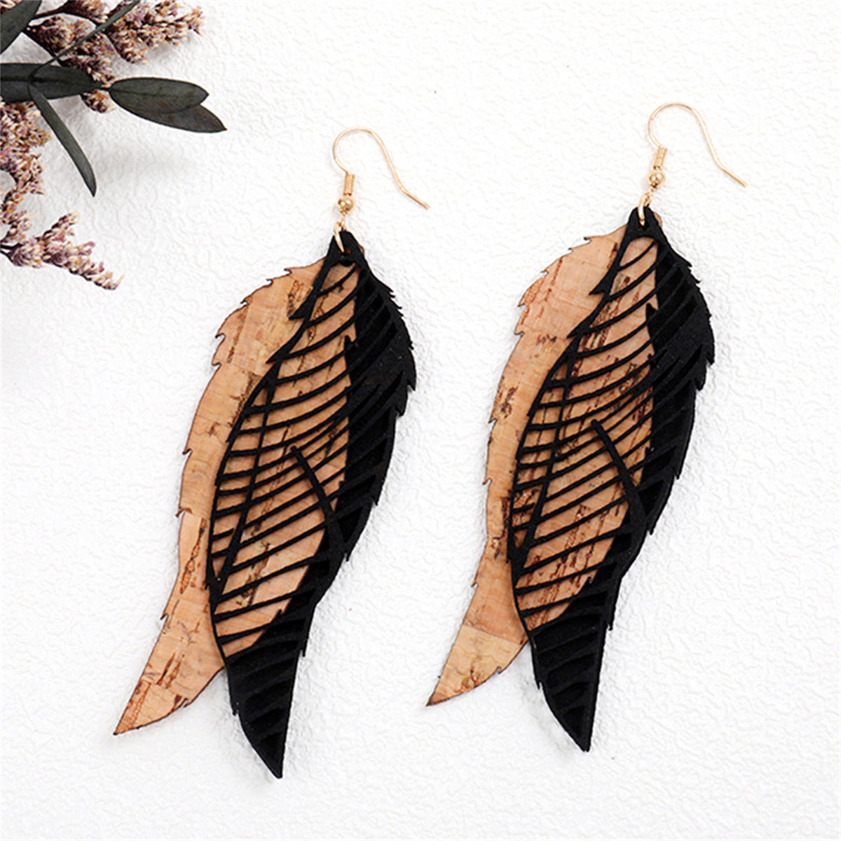 Black Polymer Clay & 18K Gold-Plated Leaves Drop Earrings