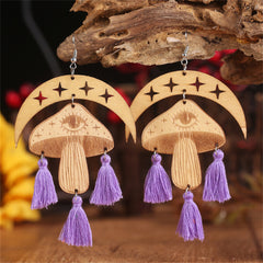 Blue & Light Brown Moon Mushroom Tassel-Accent Drop Earrings