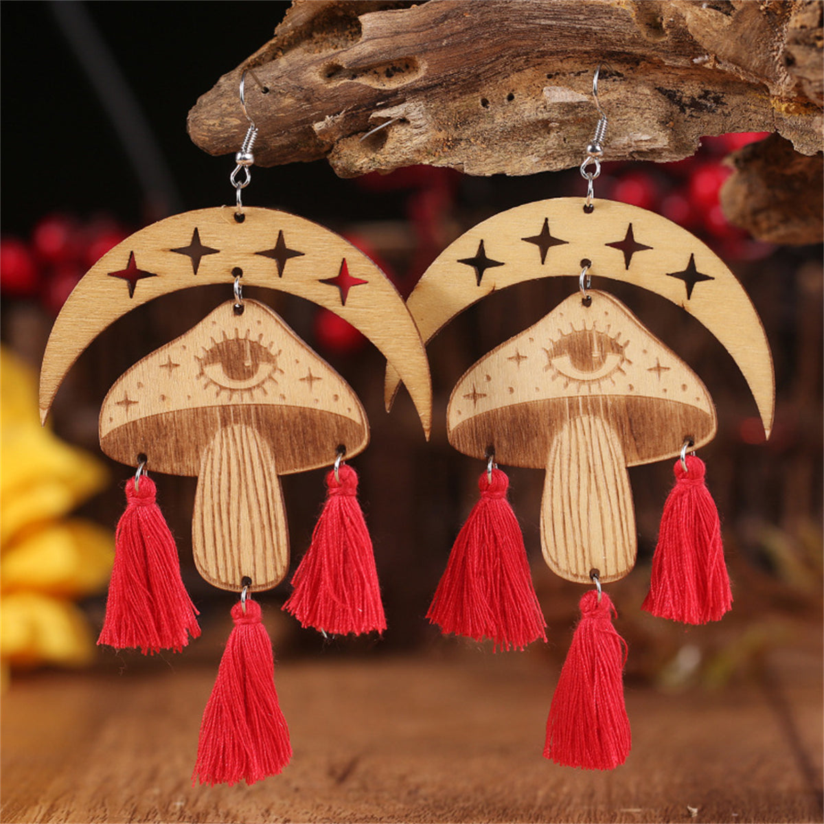 Brown & Red Moon Mushroom Tassel-Accent Drop Earrings