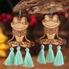 Teal & Brown Wood Tassel-Accent Frog Drop Earrings