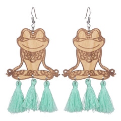 Teal & Brown Wood Tassel-Accent Frog Drop Earrings