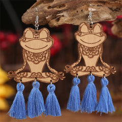 Blue Polyester & Wood Frog Tassel Drop Earrings