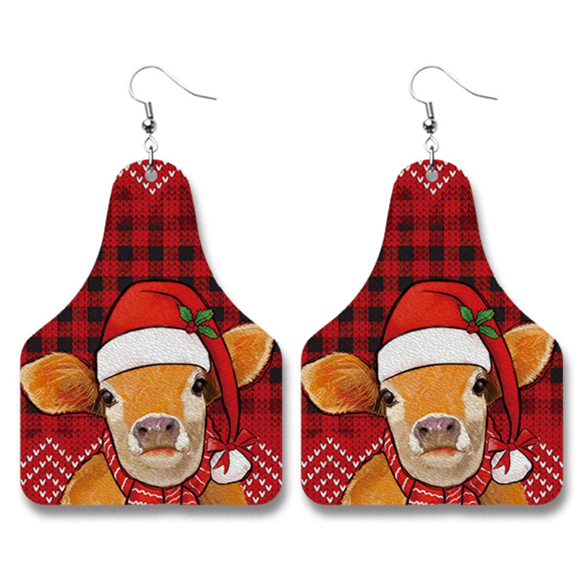 Red Holiday Cow Tag Drop Earrings