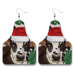 Red Polystyrene & Silver-Plated Christmas Hat Cow Dangle Earrings