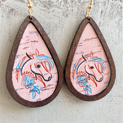 Brown & Pink Wood Unicorn Teardrop Earrings