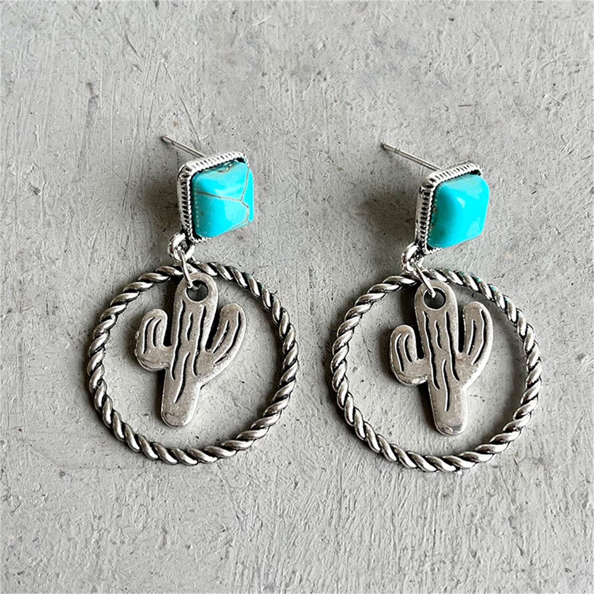 Turquoise & Silver-Plated Cactus Drop Earrings