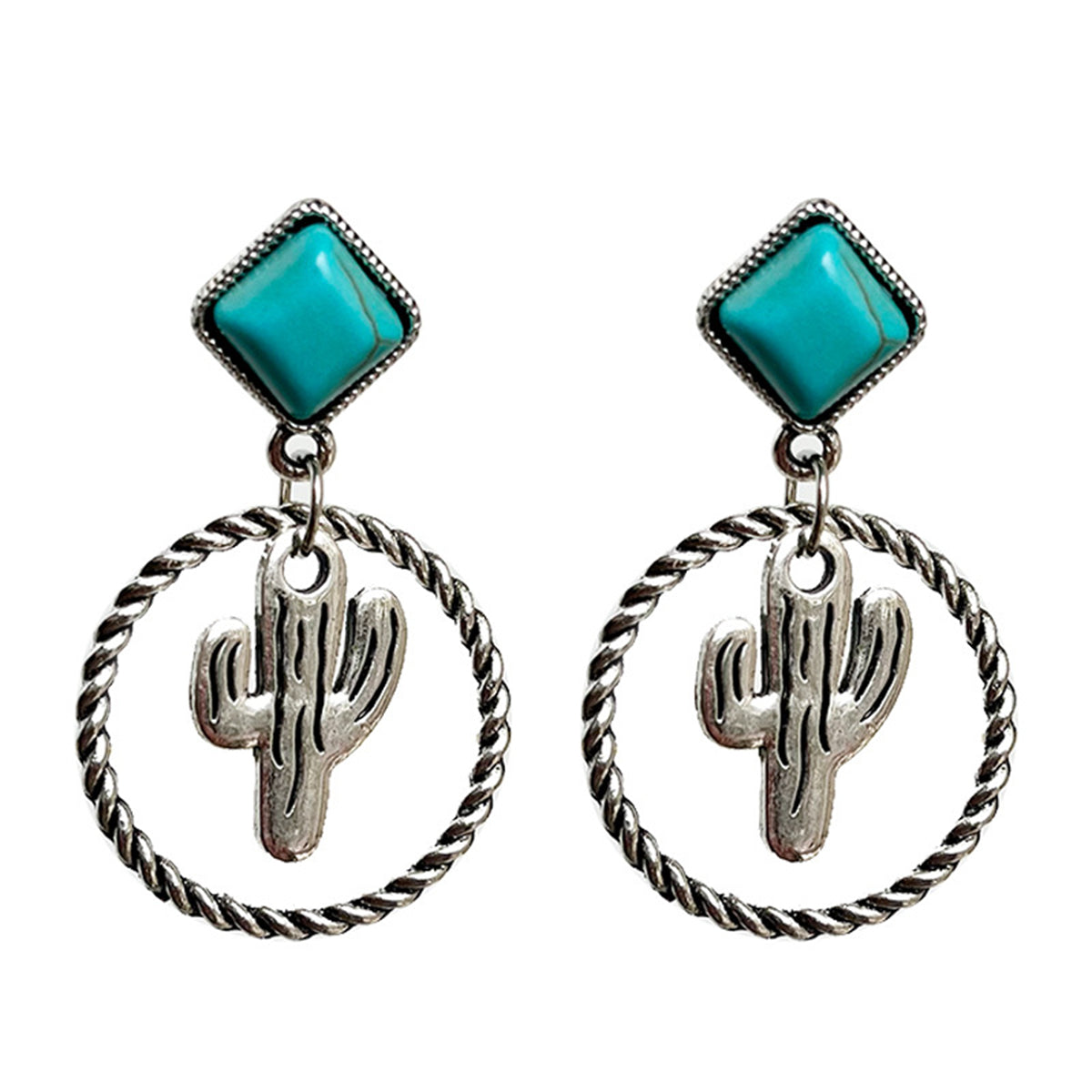 Turquoise & Silver-Plated Cactus Drop Earrings