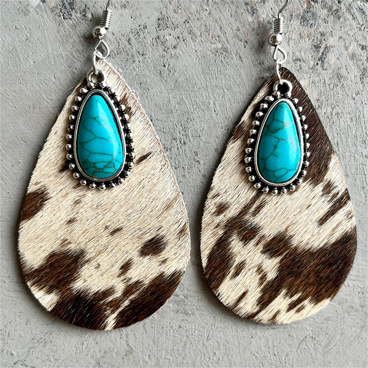 Light Brown Polystyrene & Turquoise Cow-Print Teardrop Earrings