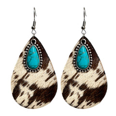 Light Brown Polystyrene & Turquoise Cow-Print Teardrop Earrings