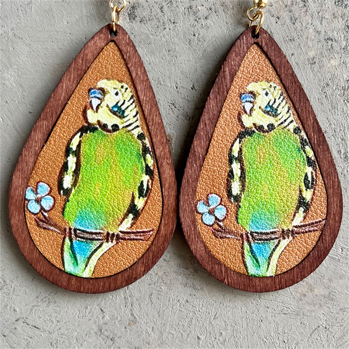 Green & Brown Parakeet Wood Teardrop Earrings