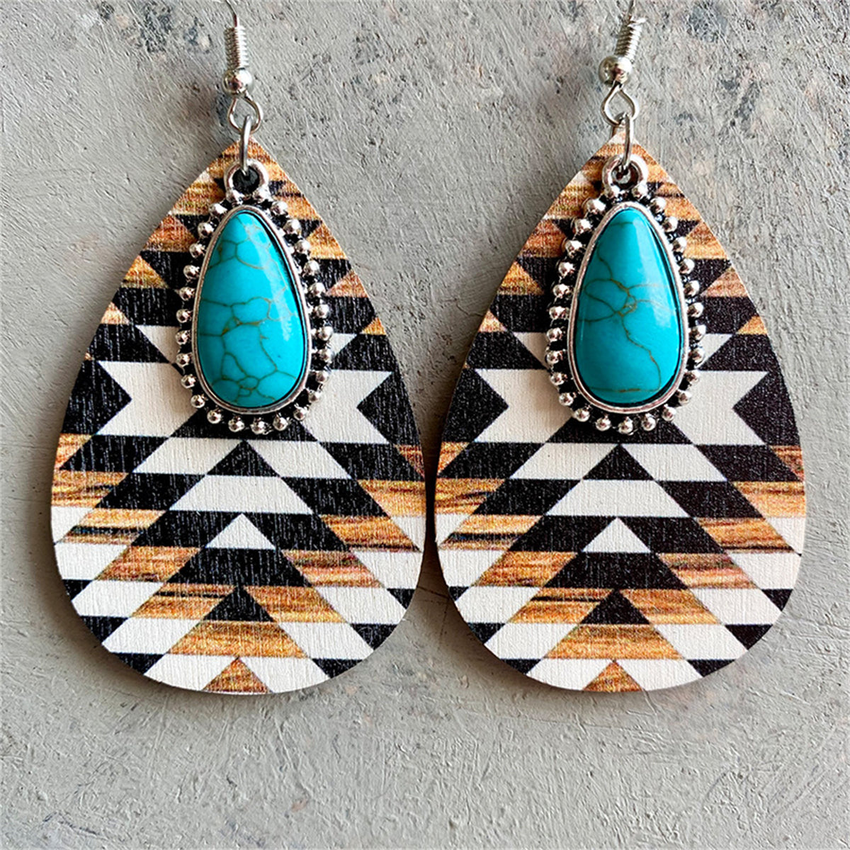 Turquoise & Brown Wood Geometric Lake Teardrop Earrings