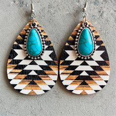 Turquoise & Brown Wood Geometric Lake Teardrop Earrings