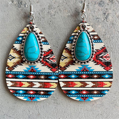 Turquoise & Red Wood Geometric Teardrop Earrings