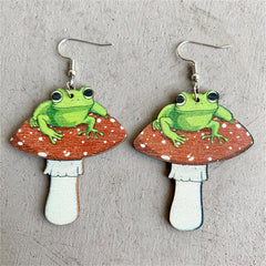 Brown Multicolor Wood & Silver-Plated Frog Mushroom Drop Earrings