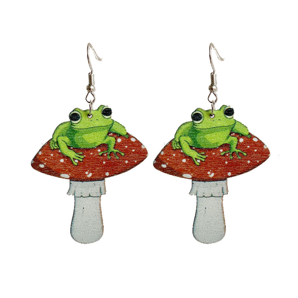 Brown Multicolor Wood & Silver-Plated Frog Mushroom Drop Earrings