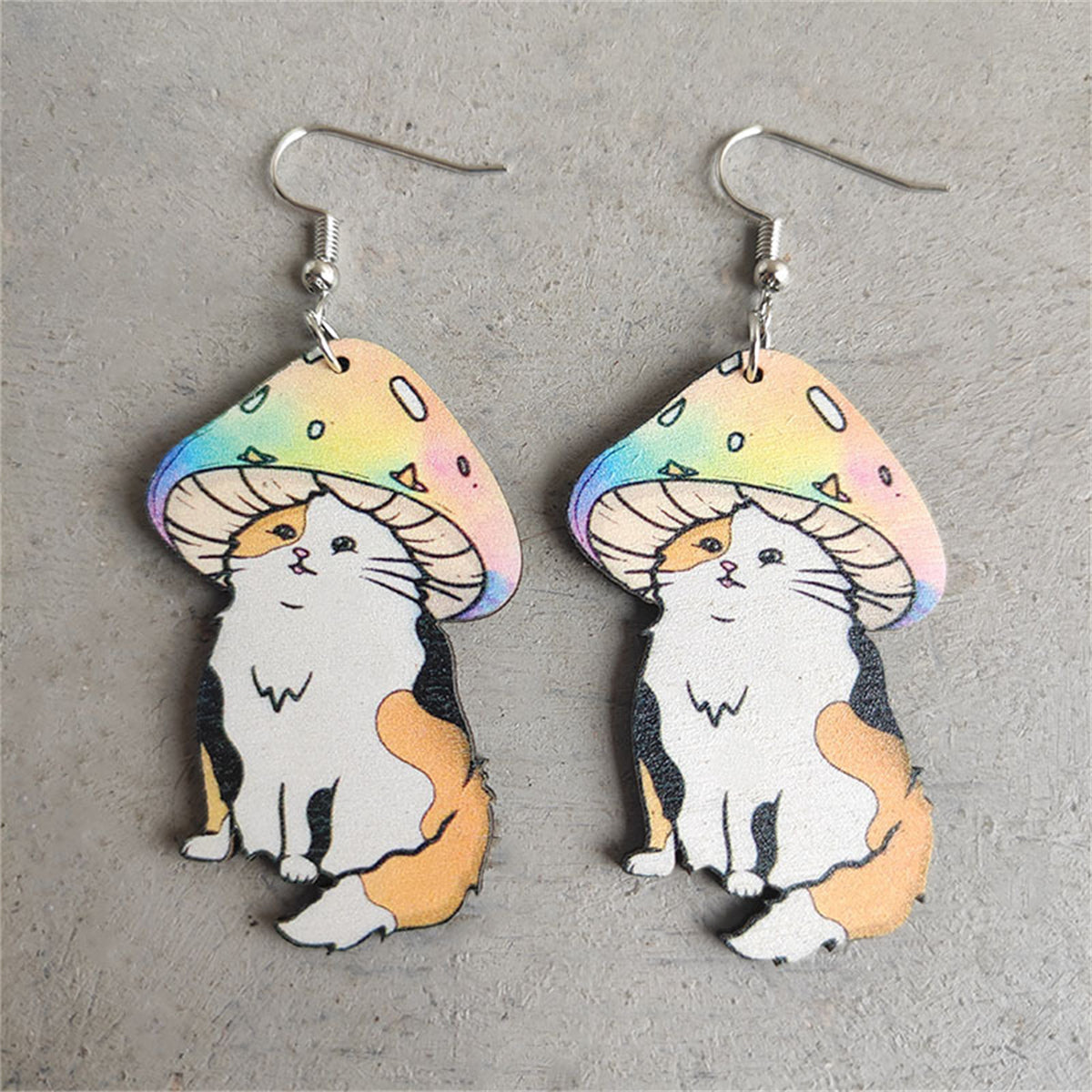 Pink & White Mushroom Cat Wood Drop Earrings