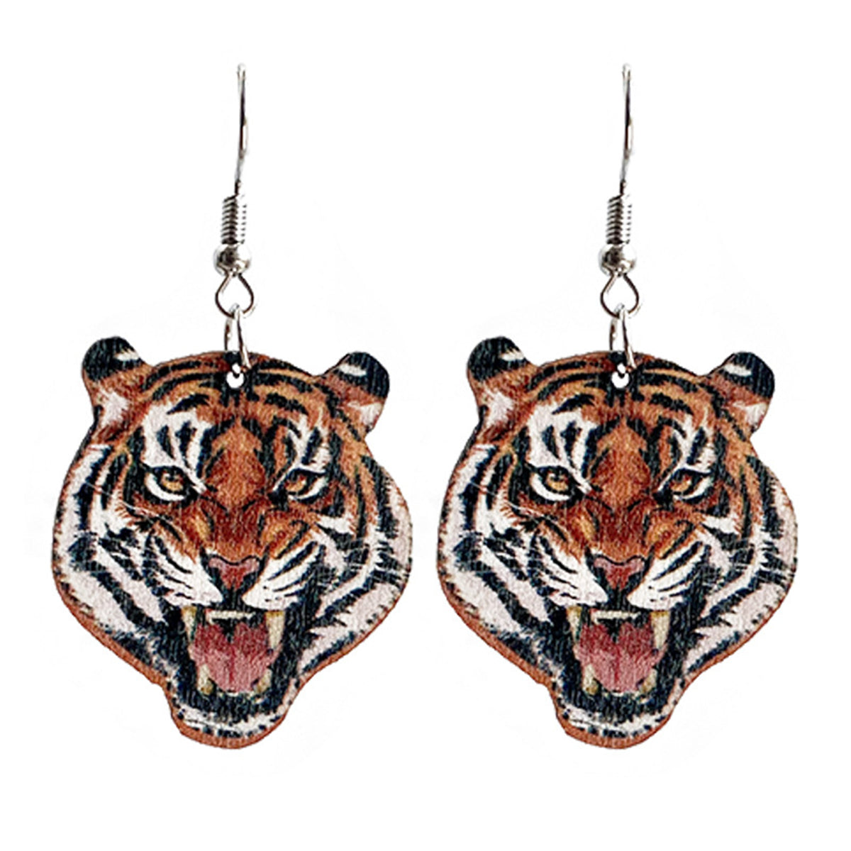 Orange Wood & Silver-Plated Tiger Drop Earrings