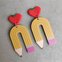 Yellow Wood & Silver-Plated Heart Pencil Drop Earrings