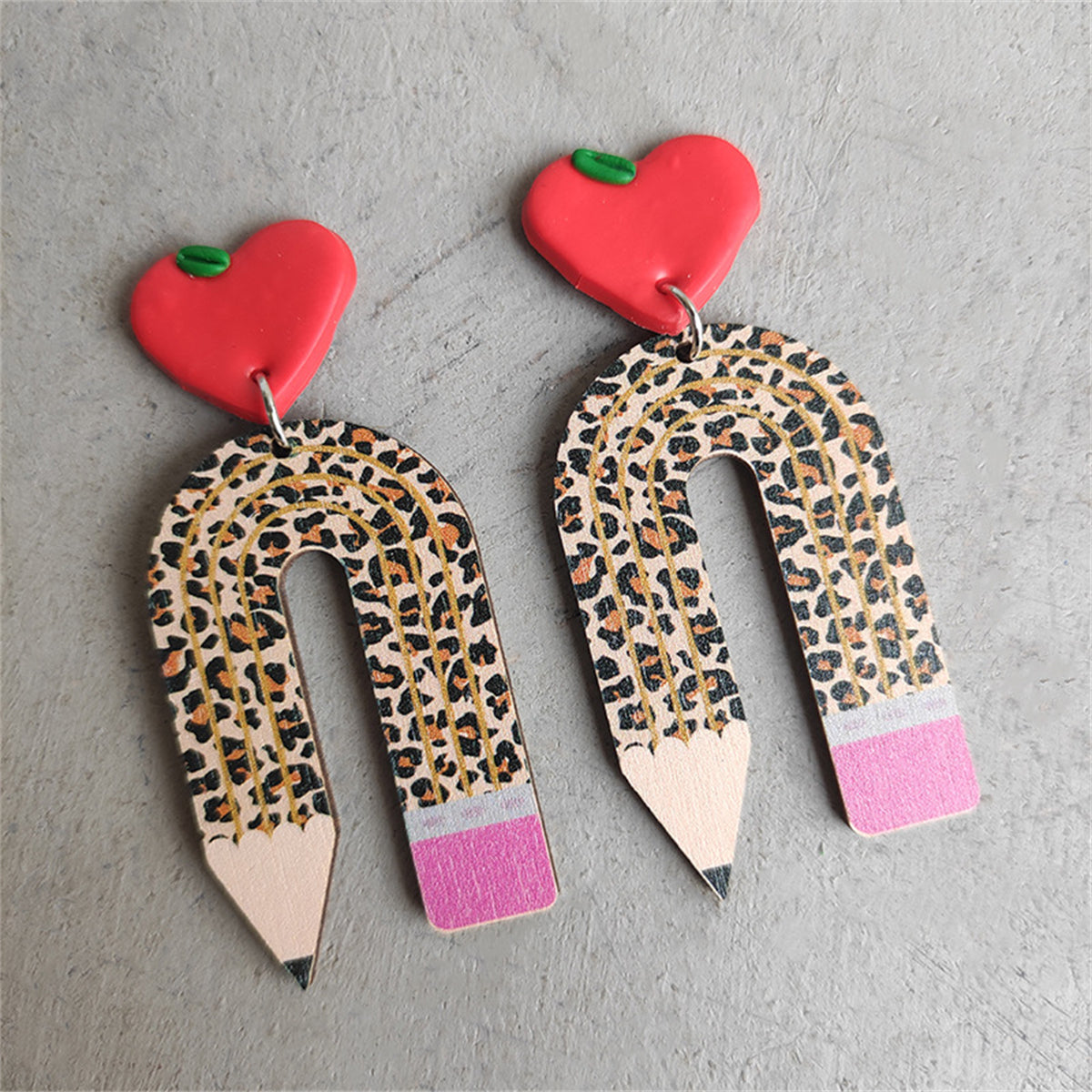 Brown Wood & Acrylic Silver-Plated Heart Leopard Pencil Drop Earrings