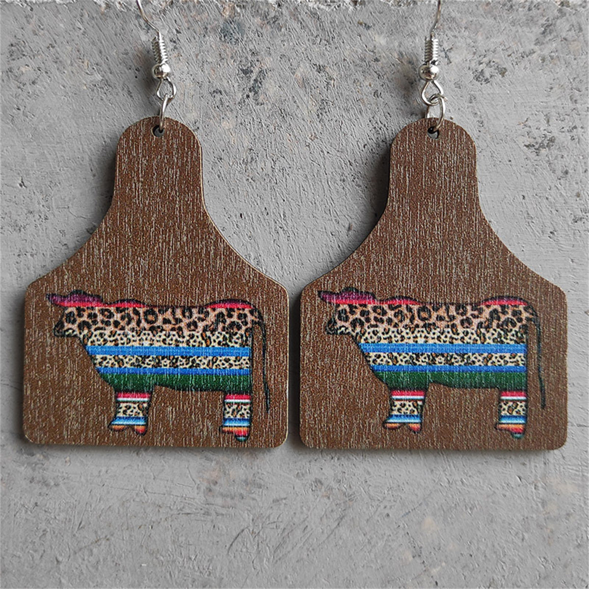 Brown & Blue Leopard Cow Wood Drop Earrings