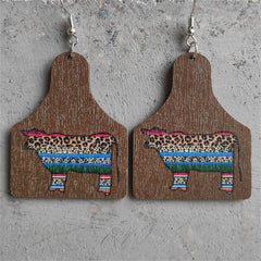 Brown & Blue Leopard Cow Wood Drop Earrings