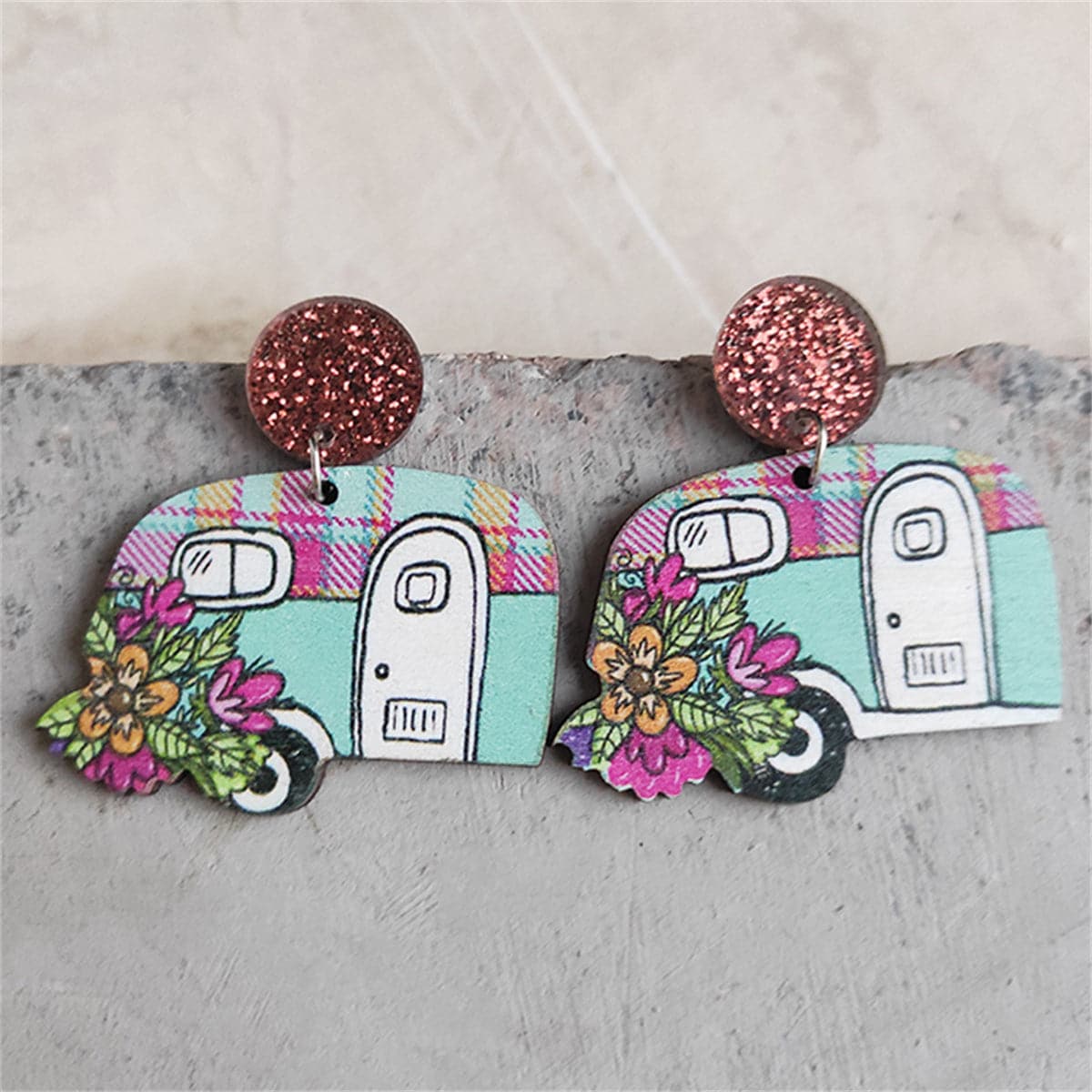 Pink & Blue Floral Camper Glitter-Accent Drop Earrings