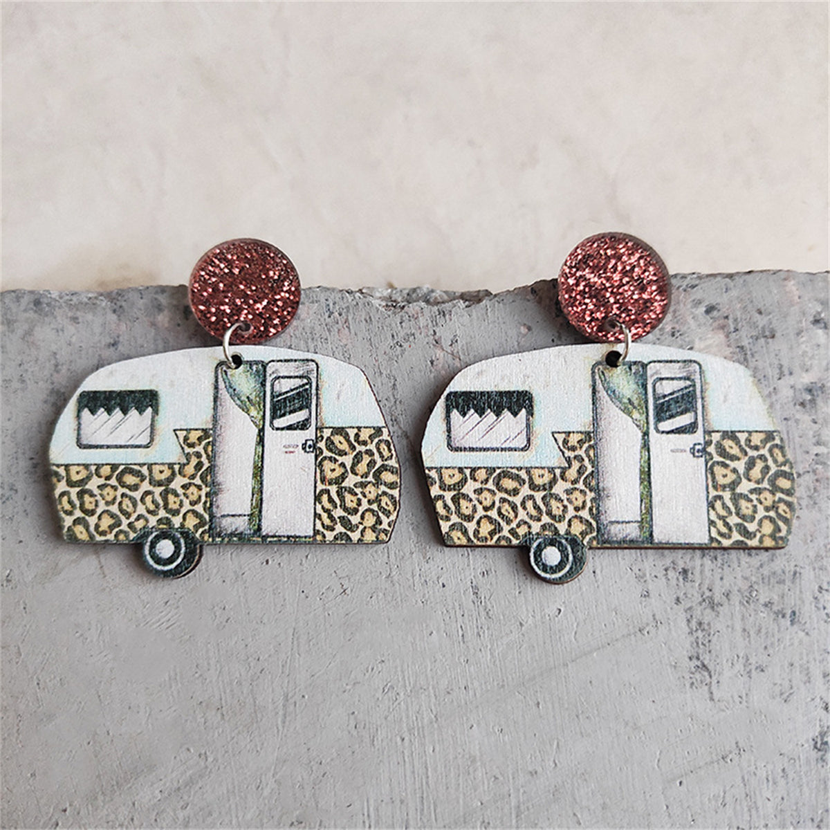 White & Brown Leopard Camper Glitter-Accent Drop Earrings