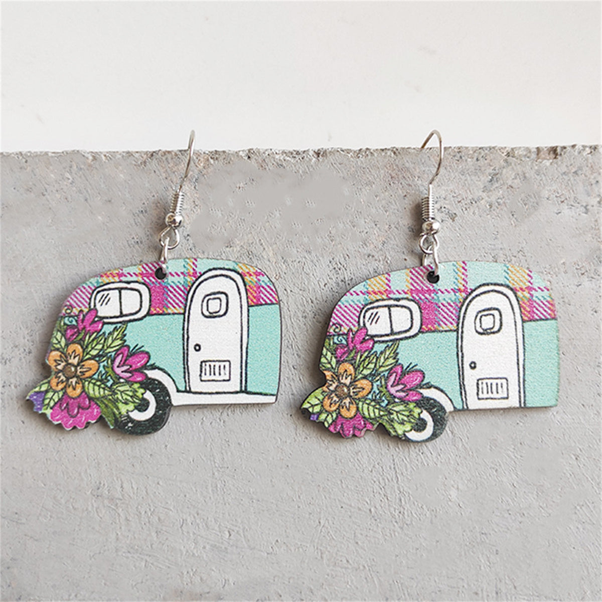 Pink & Blue Floral Camper Drop Earrings