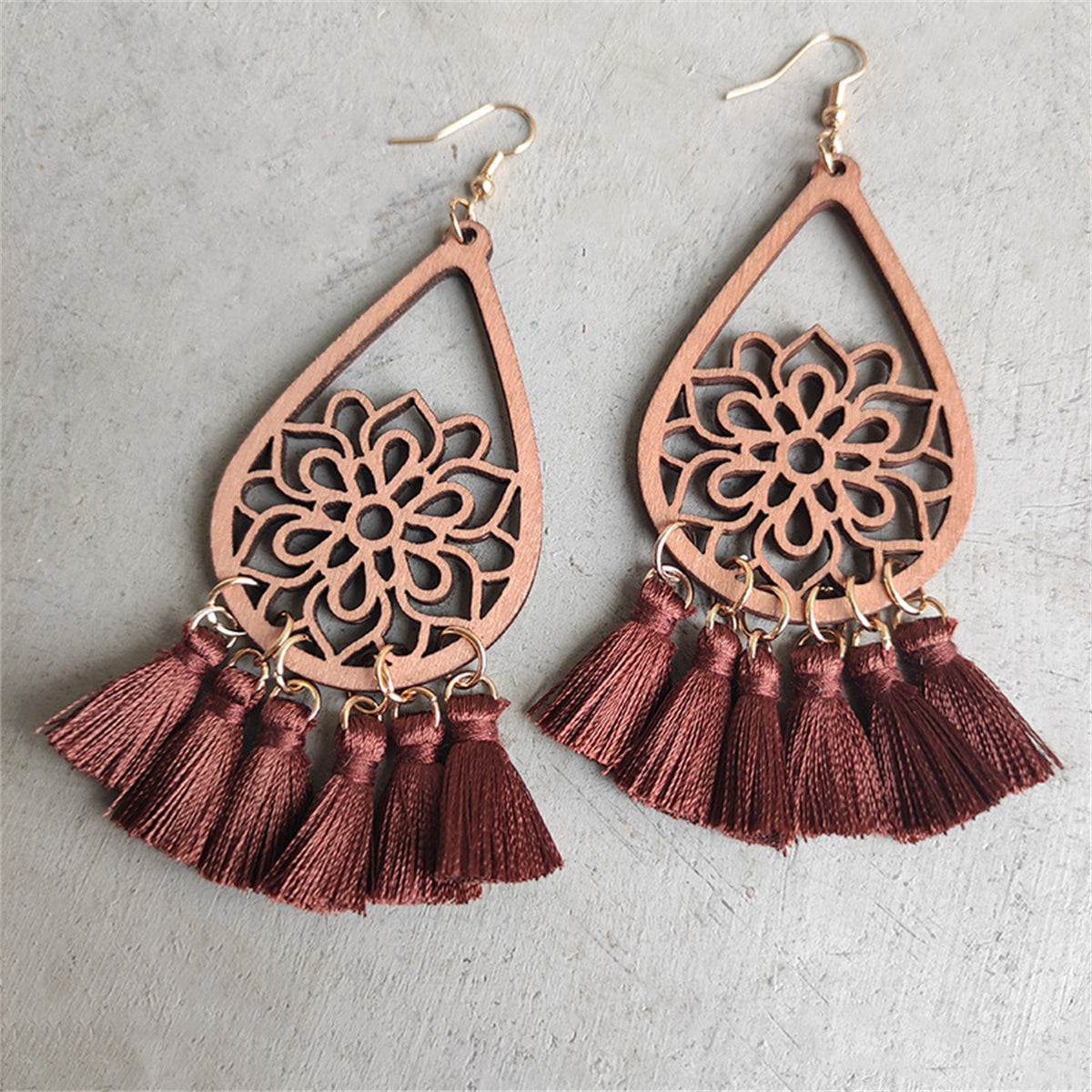 Brown & Wood Lotus Tassel Teardrop Earrings