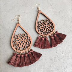 Brown & Wood Lotus Tassel Teardrop Earrings