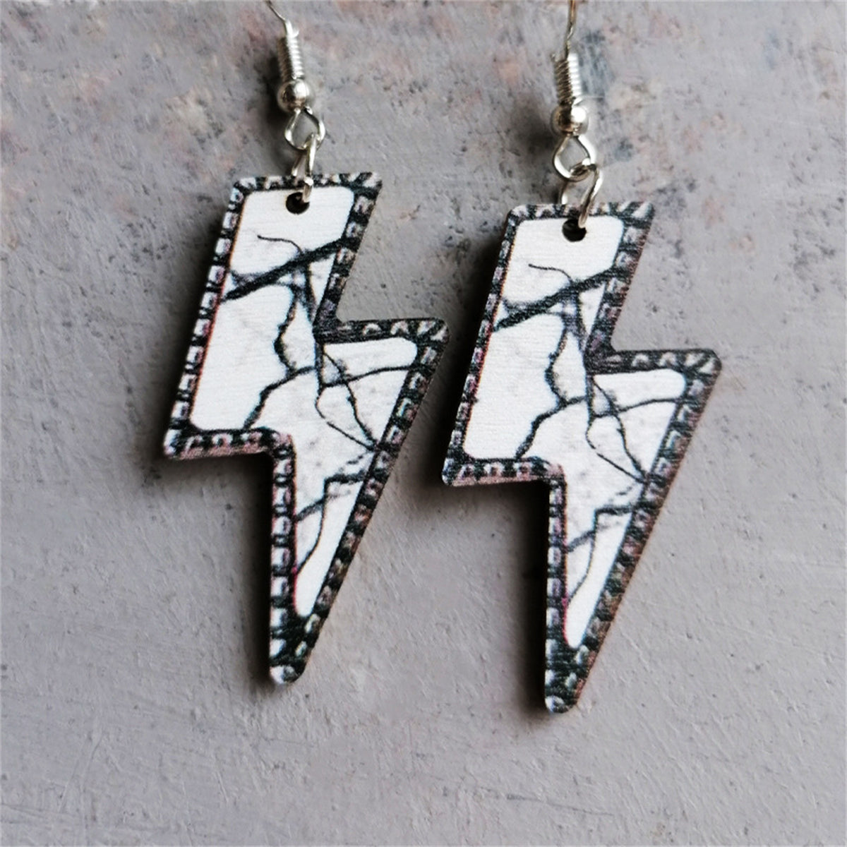 White & Black Marble-Print Lightning Bolt Drop Earrings