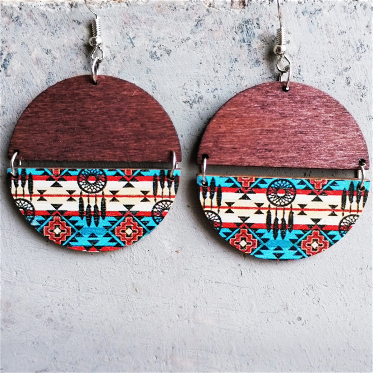 Blue Multicolor Wood & Silver-Plated Geometric Round Drop Earrings