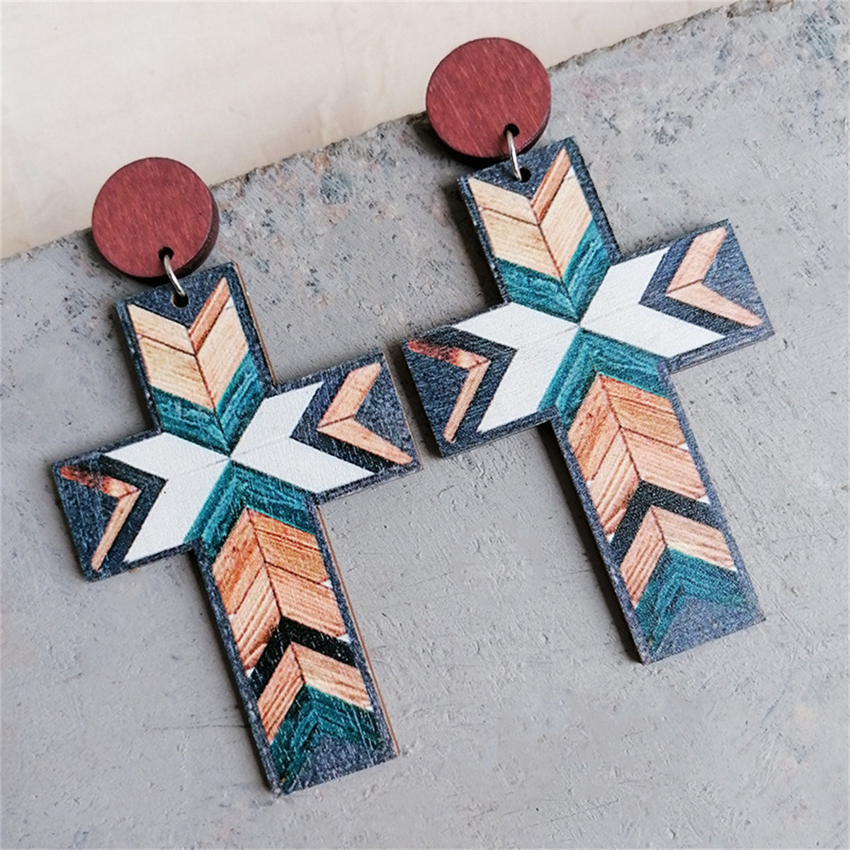 Blue & Brown Cross Wood Drop Earrings