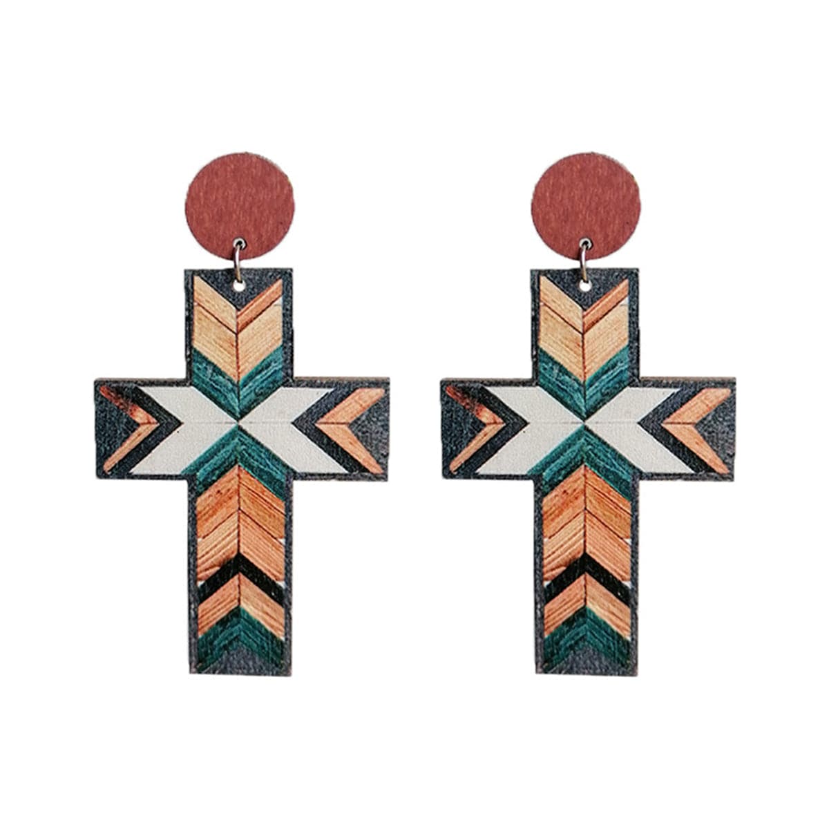 Blue & Brown Cross Wood Drop Earrings