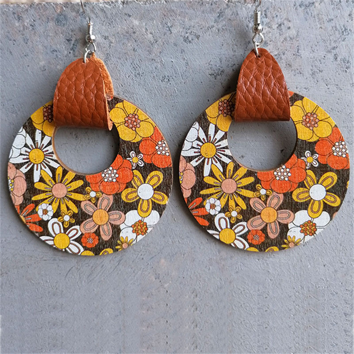 Orange & Yellow Floral Wood Round Drop Earrings