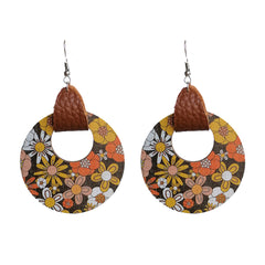 Orange & Yellow Floral Wood Round Drop Earrings