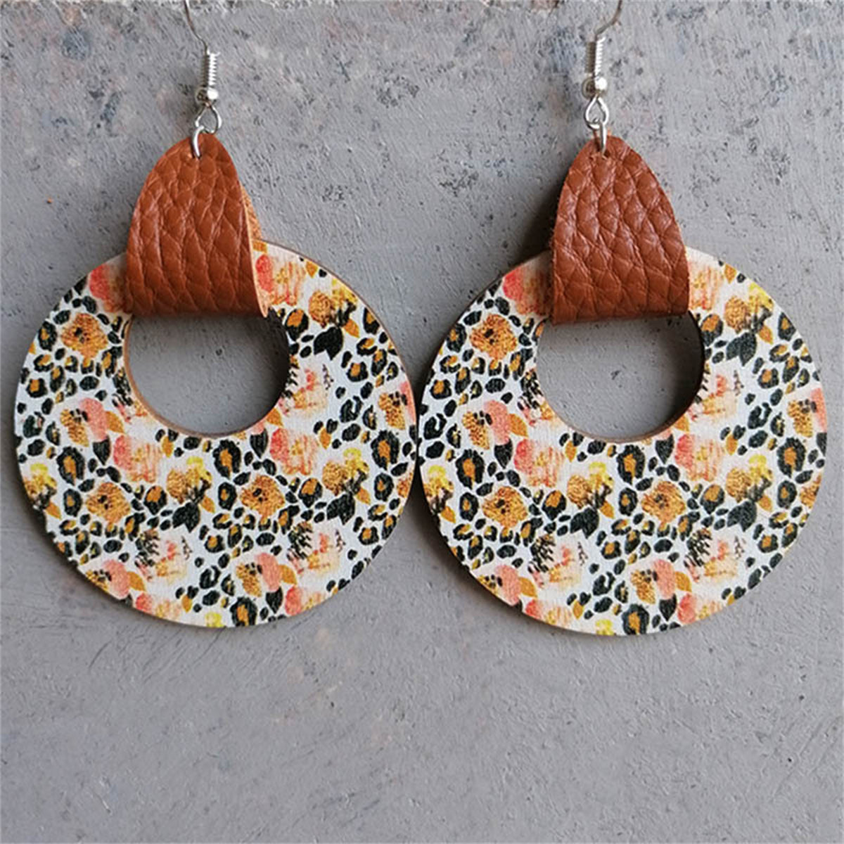 Pink & Yellow Floral Wood Round Drop Earrings