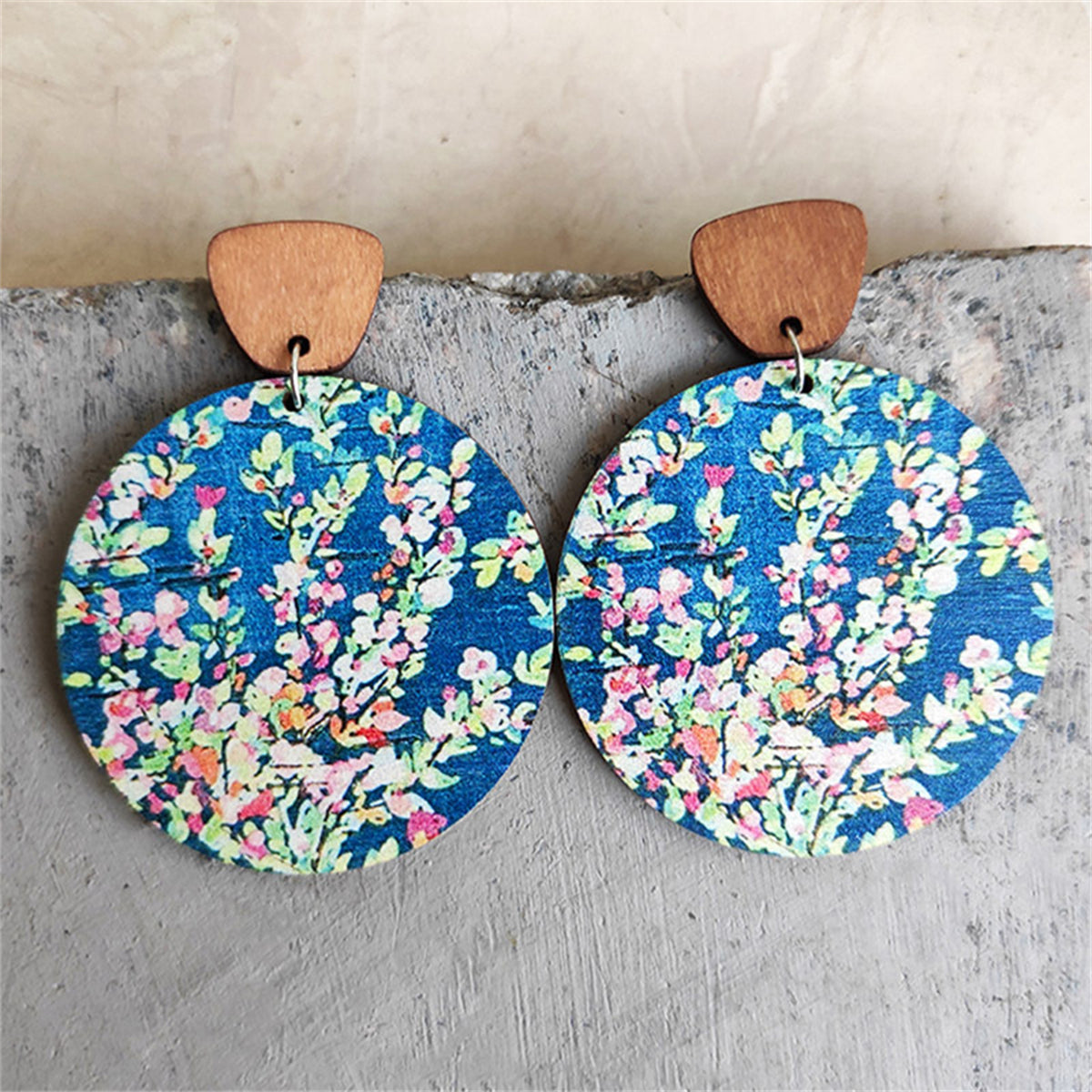 Blue & Green Wood Floral Painted Round Dangle Earrings