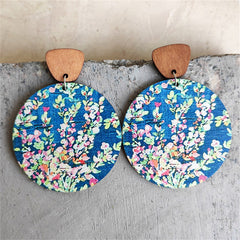 Blue & Green Wood Floral Painted Round Dangle Earrings