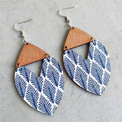 Blue & Brown Wood Leaf Drop Earrings