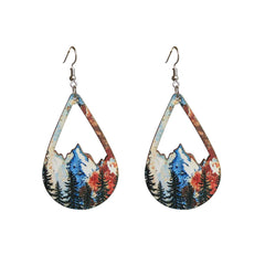 Red & Blue Wood Winter Mountain Teardrop Earrings