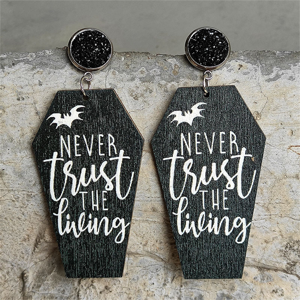 Black Wood & Silver-Plated 'Never Trust The Living' Coffin Drop Earrings