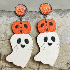 White & Orange Wood Drusy Pumpkin Ghost Drop Earrings