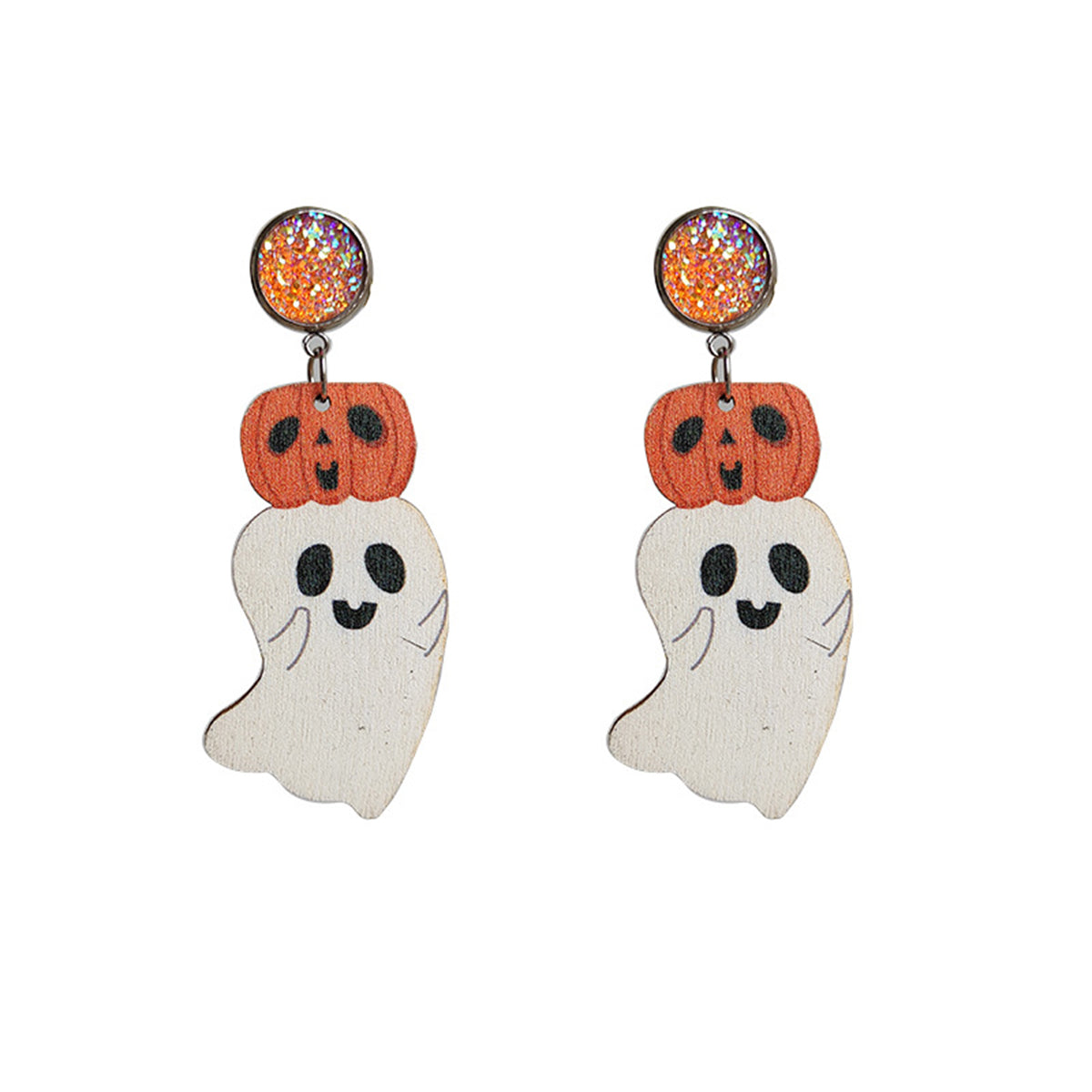 White & Orange Wood Drusy Pumpkin Ghost Drop Earrings